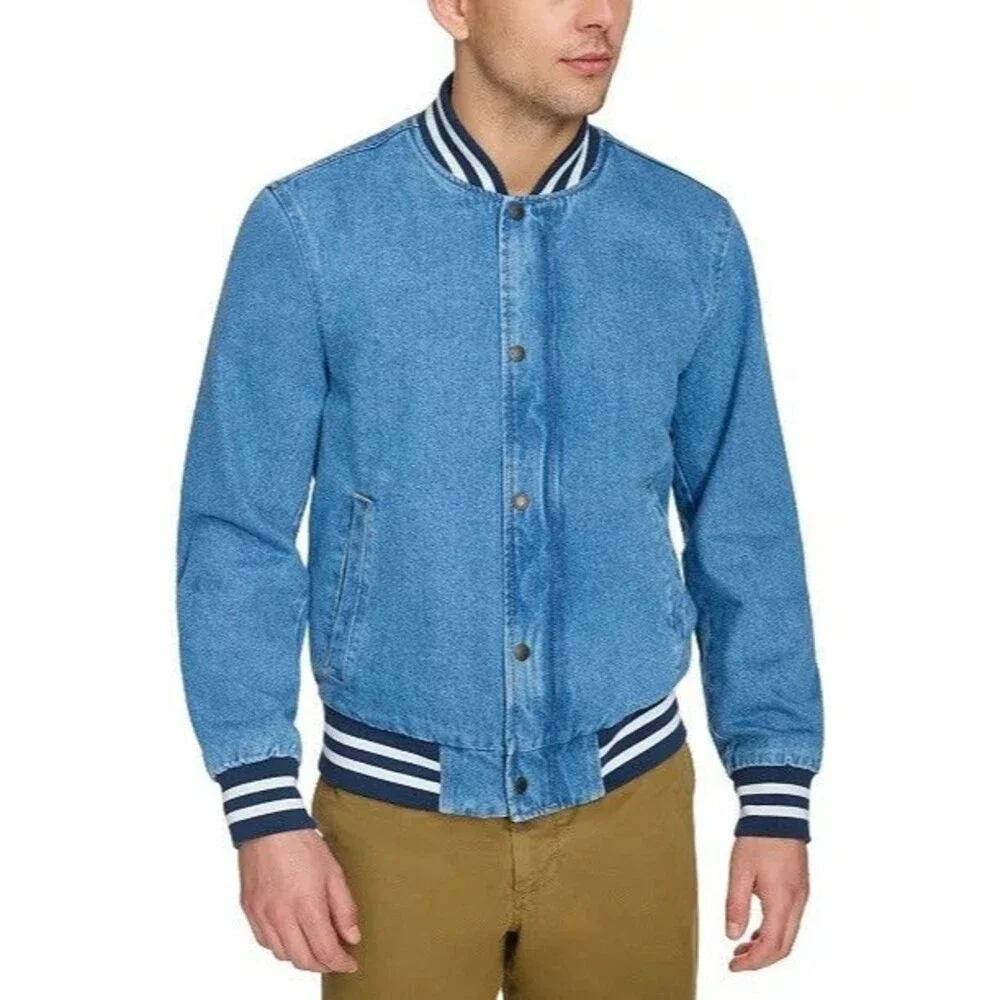 Levi's New Men's Full Zip Varsity Denim Bomber Jacket‎ LARGE Ribbed Knit Hem